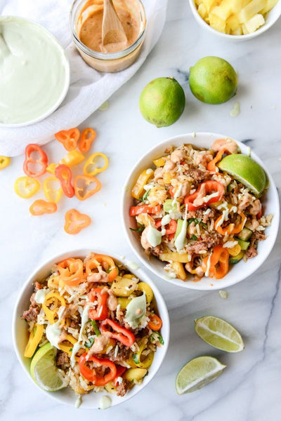 Pineapple Chorizo Rice Bowls with Avocado and Chipotle Cream